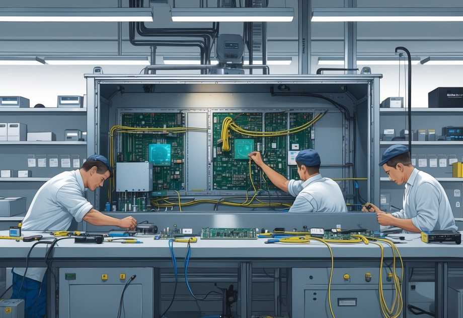 Técnicos ensamblando componentes electrónicos dentro de un recinto metálico en un espacio industrial limpio con herramientas y equipos a su alrededor.
