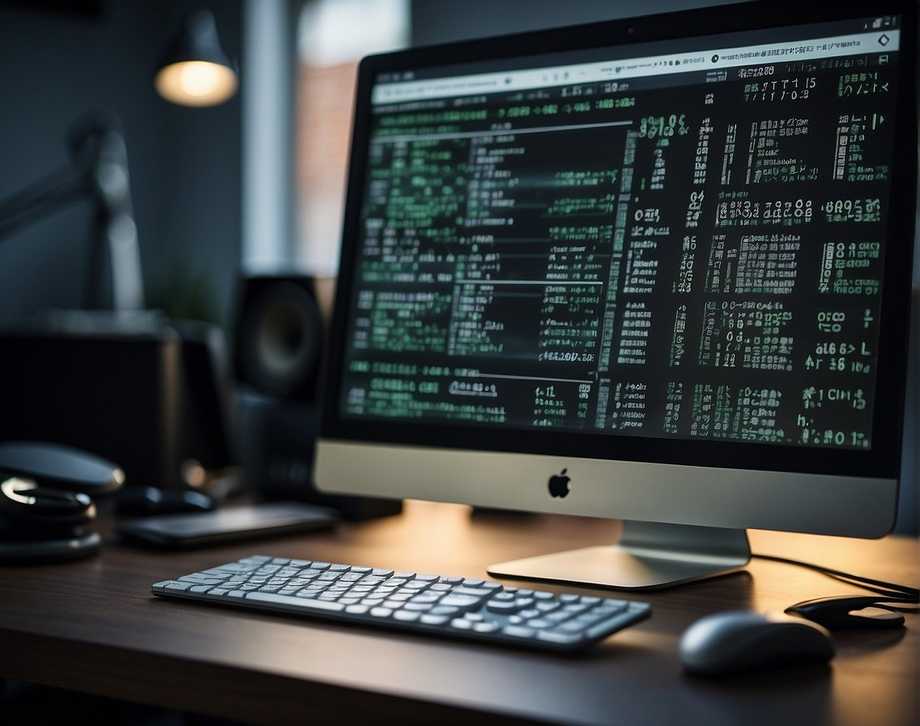 A computer screen displays code for setting up C language firmware programming. Tools and documentation are scattered on the desk