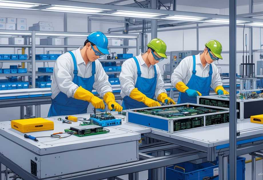 Área de producción donde operadores ensamblan componentes electrónicos en carcasas, utilizando herramientas y equipos especializados para asegurar calidad y precisión en el proceso box build.