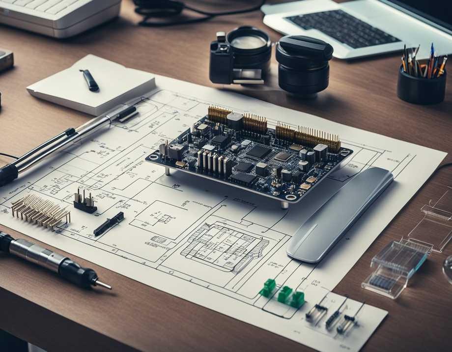 A table with electronic components, a computer, and a schematic drawing