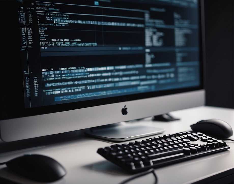 A computer screen displaying C code for firmware development, with a keyboard and mouse nearby